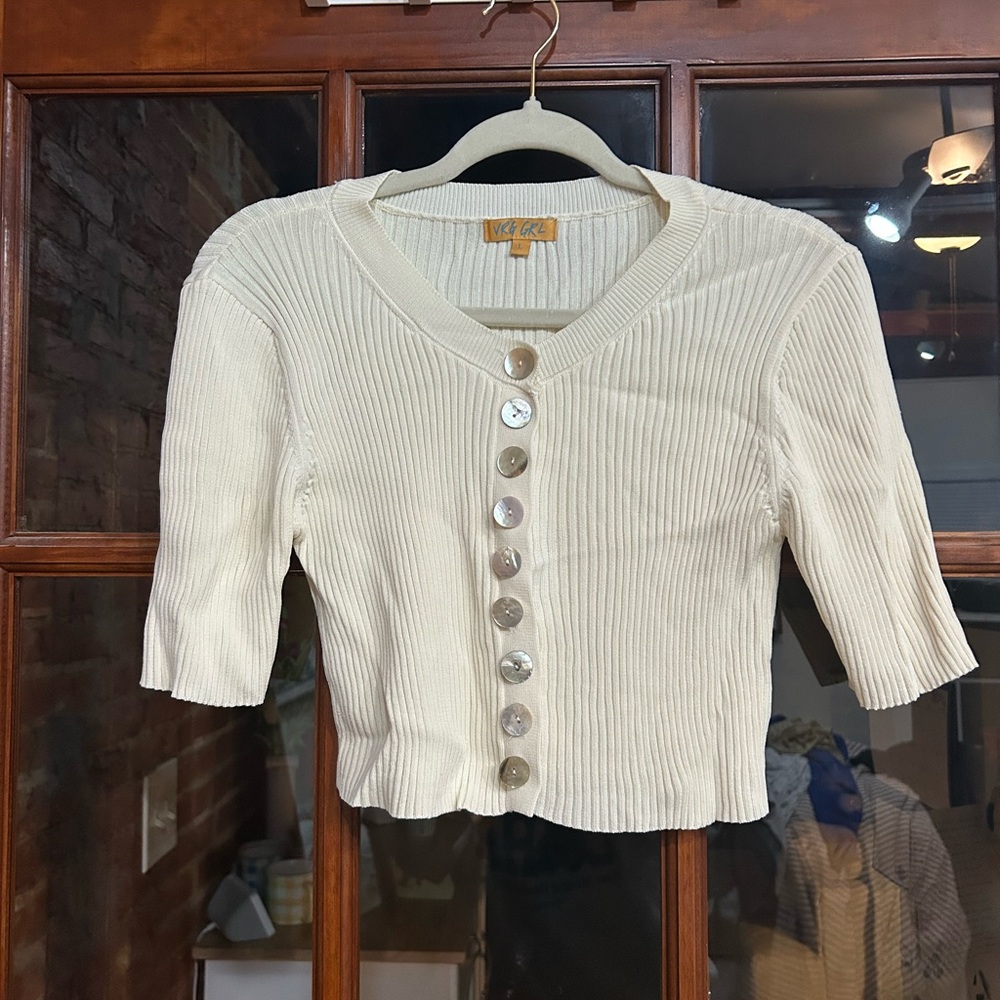 VRG GRL Cream Button-Up Ribbed Top